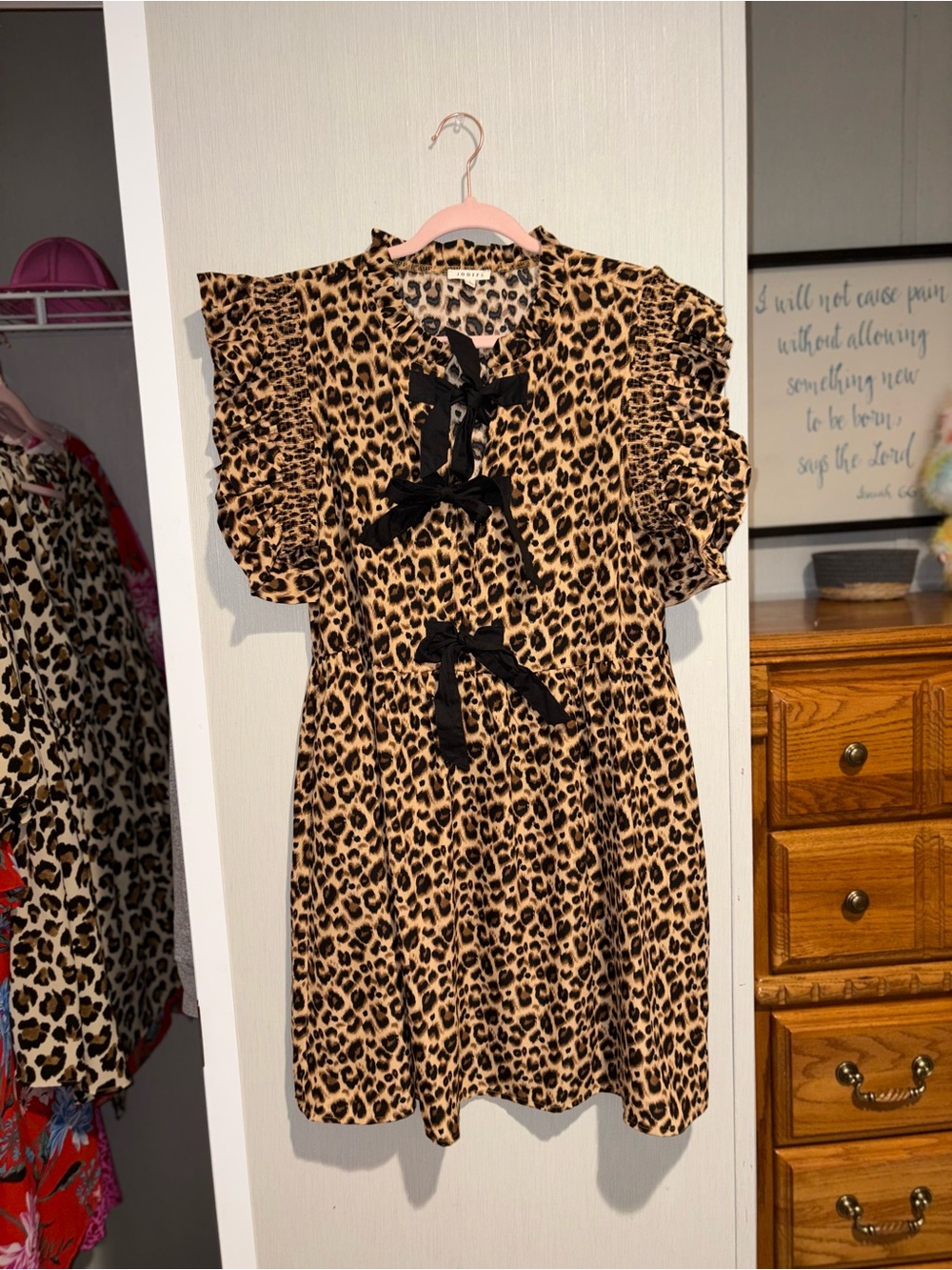 JODIFL Tan and Black Leopard-Print Short Dress with Black Ribbon Ties
